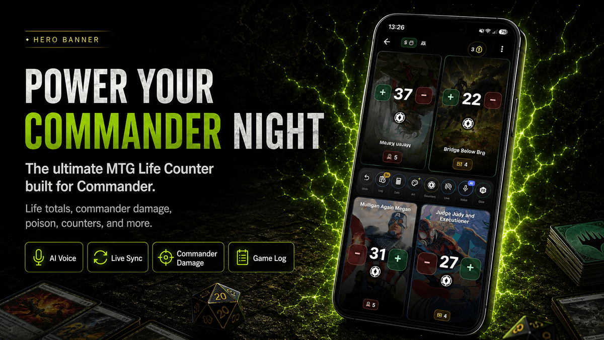 ManaTap MTG Life Counter app shown on a dark Commander game-night table.