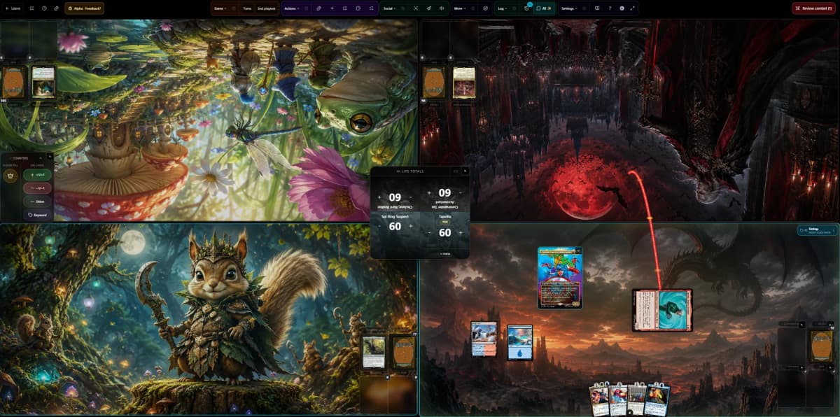 ManaTap Play four-player Commander table with custom playmats, life totals, and cards in play